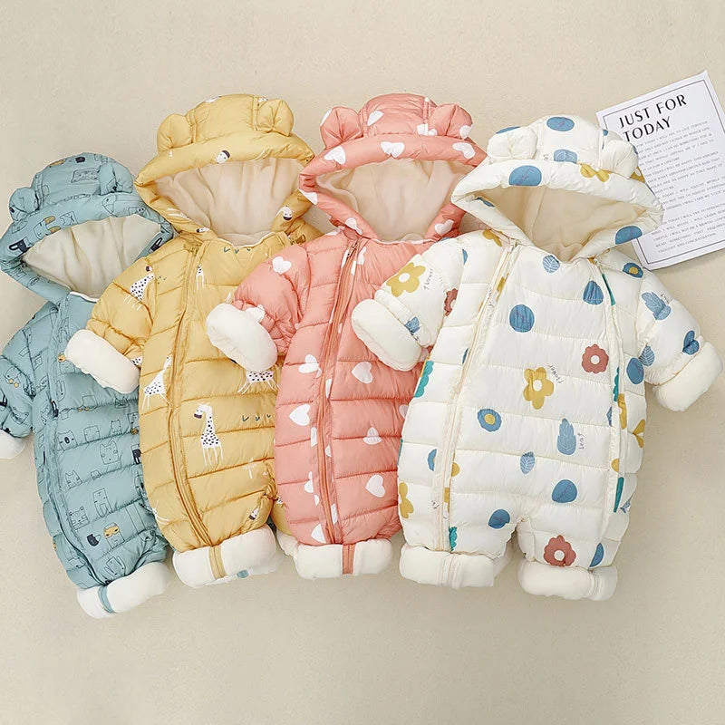 2025 Newborn Baby Jumpsuit Hooded Plus Velvet Warm winter wear Baby Boys Snowsuit Toddler Snow Suit Girl Cotton Overalls Rompers