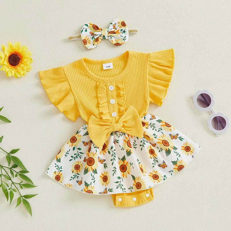 Infant Baby Girl Summer Outfit Sunflower Print Ruffled Flying Sleeve Crew Neck Romper Dress and Bow Headband 2 Pcs Set