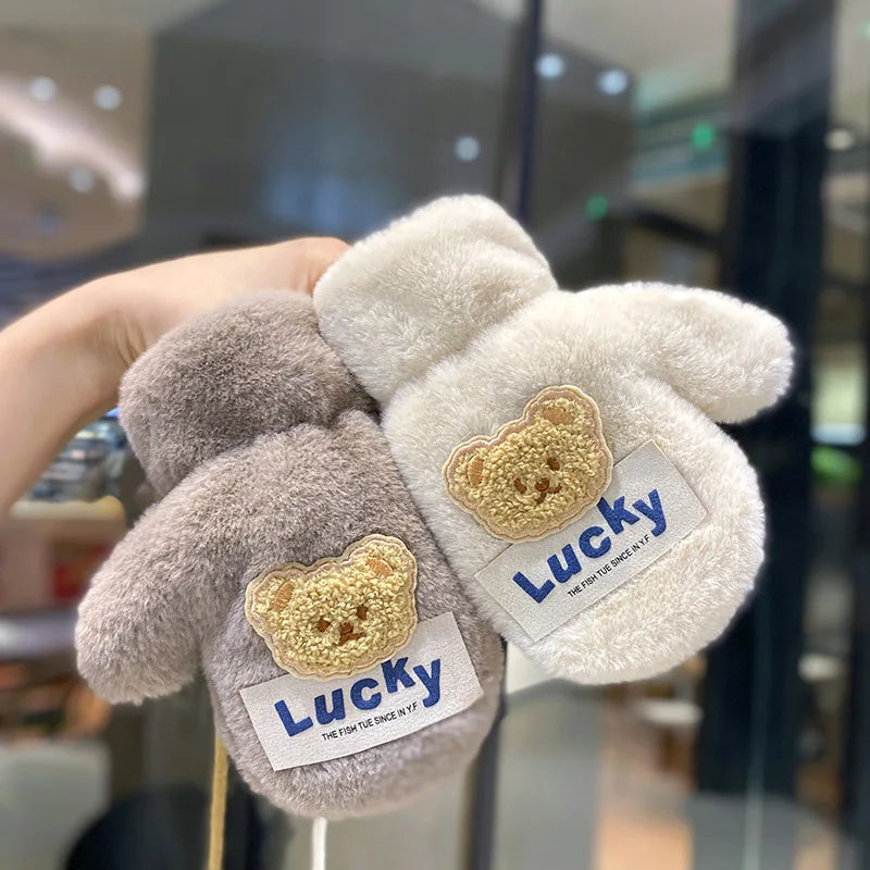 Warm Plush Thick Baby Gloves Winter Plus Coral Fleece Full Finger Gloves Warm Cartoon Gloves for Boys Girls 2-8Y