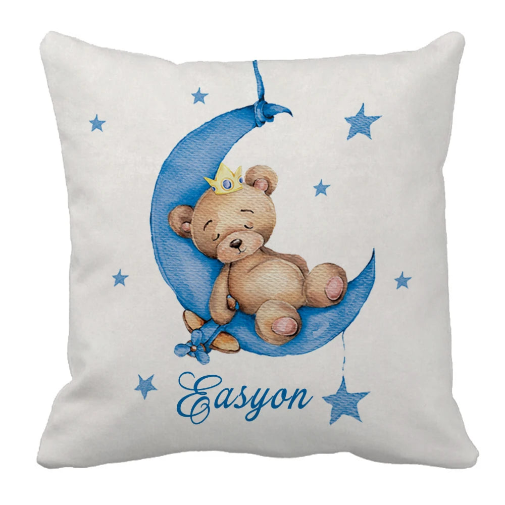LVYZIHO Custom Name Sleeping Bear Blue Crib Bedding Set, Sleeping Bear Sleep on Moon Bedding Set, Baby Shower Gift Bedding Set