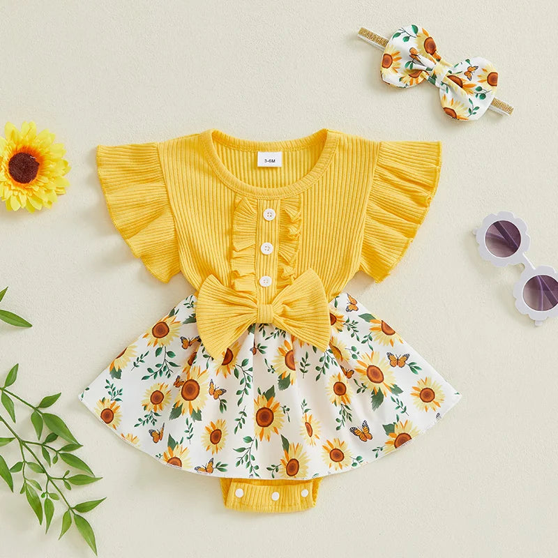 Infant Baby Girl Summer Outfit Sunflower Print Ruffled Flying Sleeve Crew Neck Romper Dress and Bow Headband 2 Pcs Set