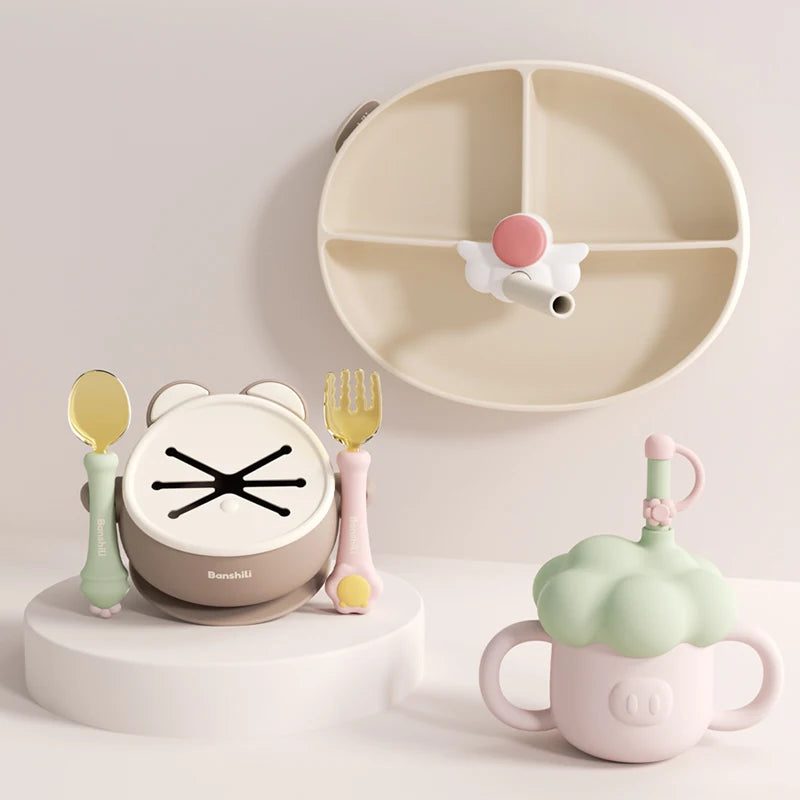 BANSHILI Baby Learning Feeding Cup Kid Feeding Drinkware Straw Bottles Anti-Hot Leakproof Silicone Tableware Toddler Water Bottl