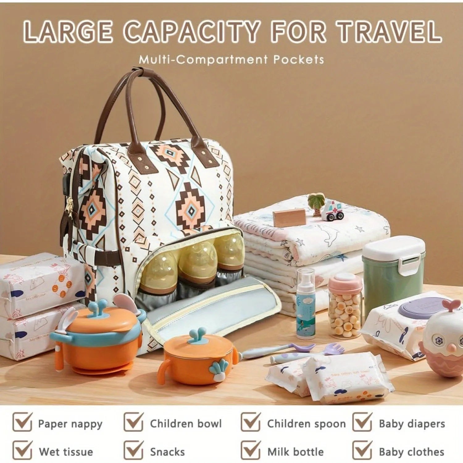 Large capacity multifunctional travel bag, diaper bag, portable mother and baby bag, with insulation bag and pacifier box