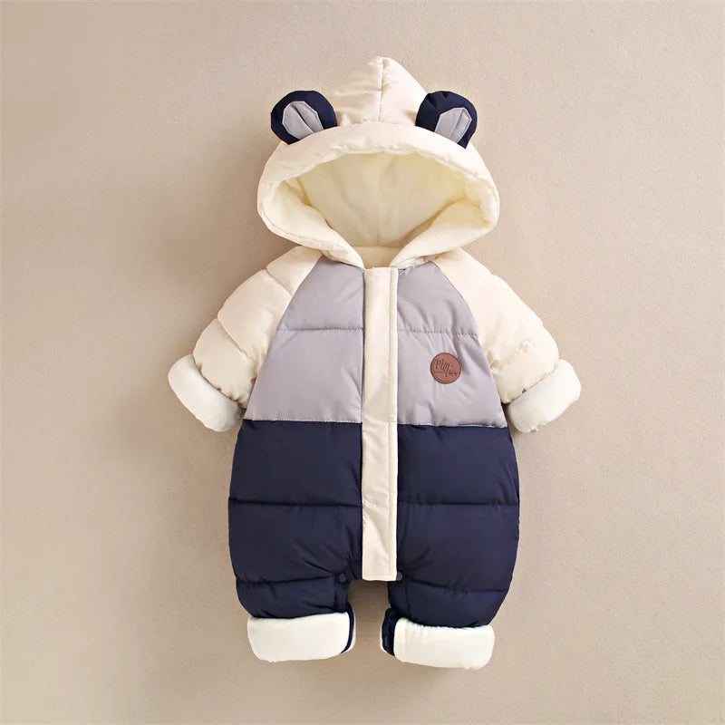Winter New Baby Rompers Boys Girls Patchwork Thick Plus Velvet Jumpsuits Windproof Hooded Overalls Snowsuit One Piece Bodysuit