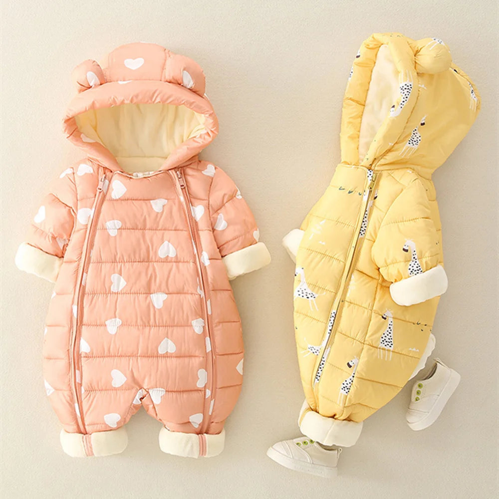 2025 Newborn Baby Jumpsuit Hooded Plus Velvet Warm winter wear Baby Boys Snowsuit Toddler Snow Suit Girl Cotton Overalls Rompers