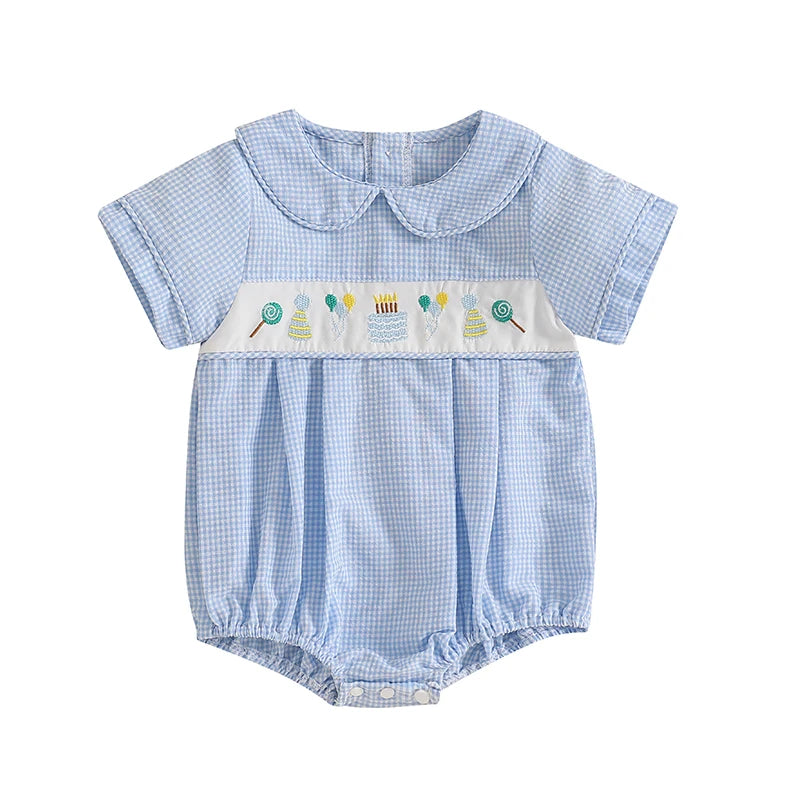 Summer Infant Baby Boys Girls Rompers Short Sleeve Doll Collar Cake Embroidery Smocked Bodysuit Playsuit