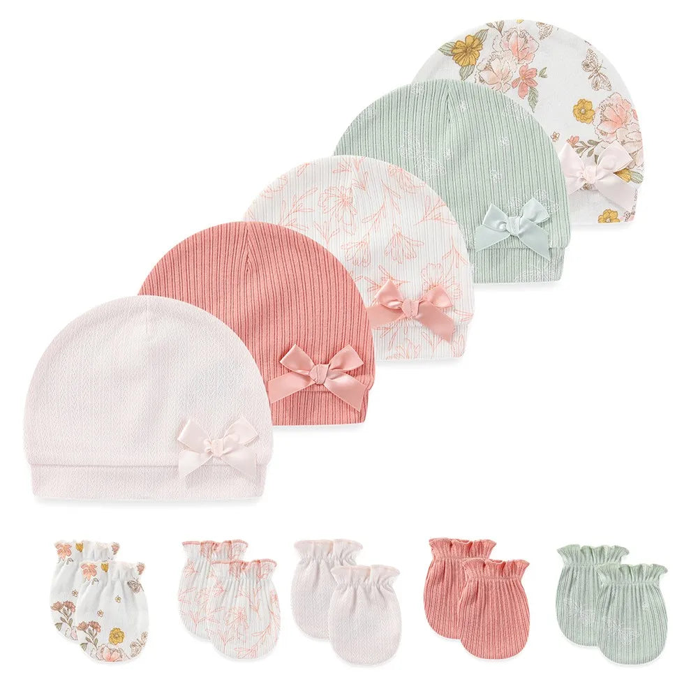 Fashion Cute 10-Pair Baby Caps+Mittens Set Newborn Boy Girl Hats Not Scratch Gloves Four Seasons Infant Accessories