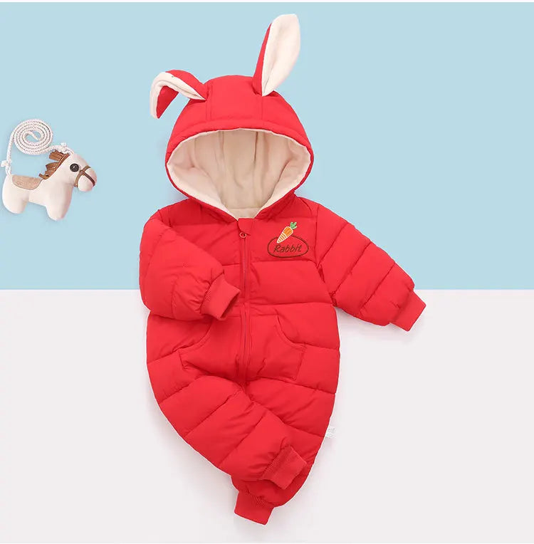 Winter New Baby Rompers Boys Girls Patchwork Thick Plus Velvet Jumpsuits Windproof Hooded Overalls Snowsuit One Piece Bodysuit