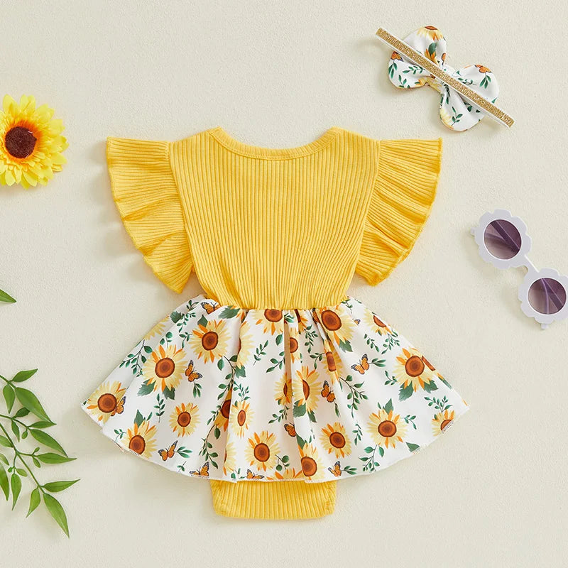 Infant Baby Girl Summer Outfit Sunflower Print Ruffled Flying Sleeve Crew Neck Romper Dress and Bow Headband 2 Pcs Set