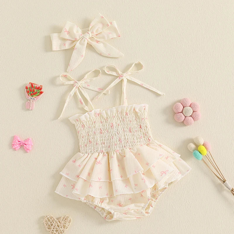 Adorable Baby Girl Romper Set Floral Print Sleeveless Jumpsuit with Matching Headband for Summer Outfit