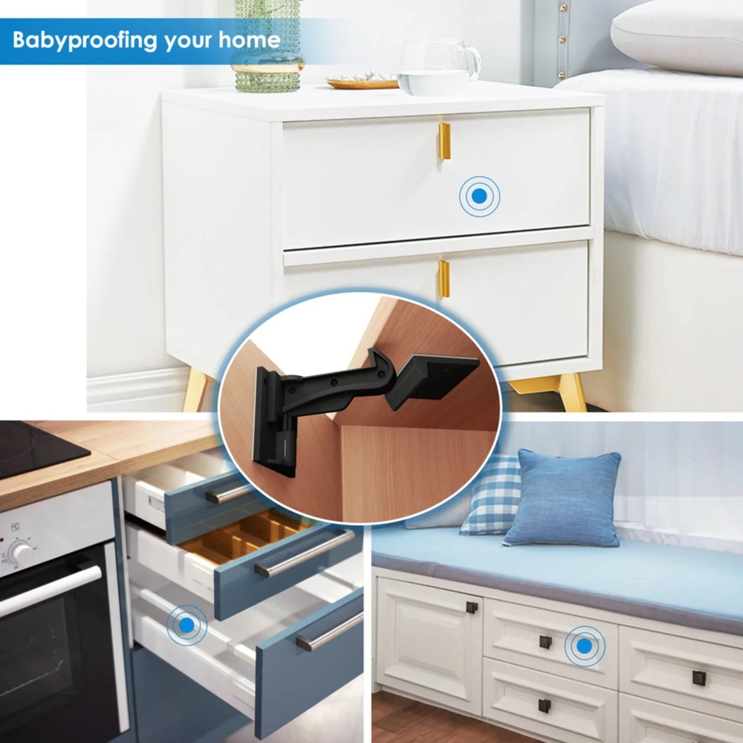 NEWCE 10 Pack Invisible Baby Proof Drawer Cabinet Locks Latches - Easy Installation, No Drill, Tools or Keys Required, Child