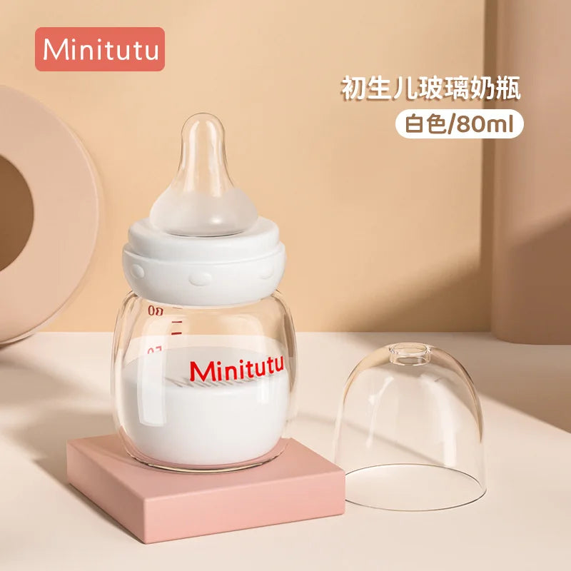【 Minitutu 】Newborn baby bottle standard mouth 80ml anti-Colic and anti-choking glass bottle