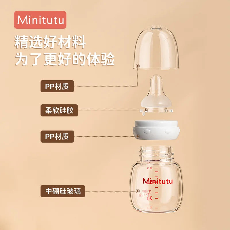 【 Minitutu 】Newborn baby bottle standard mouth 80ml anti-Colic and anti-choking glass bottle