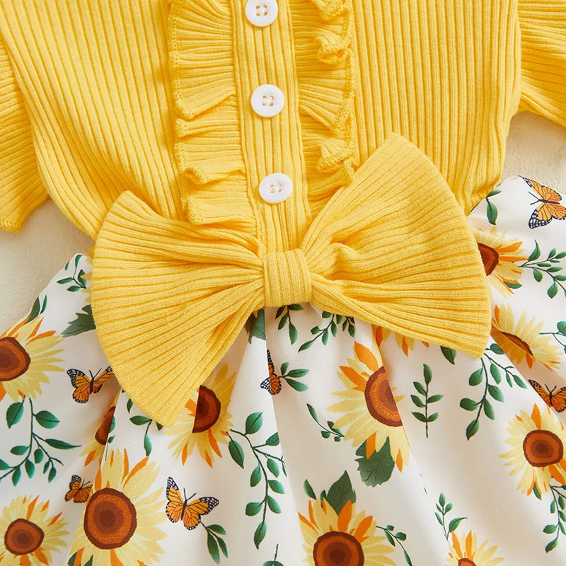Infant Baby Girl Summer Outfit Sunflower Print Ruffled Flying Sleeve Crew Neck Romper Dress and Bow Headband 2 Pcs Set