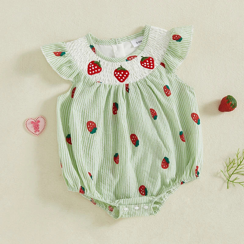 Infant Baby Girl Summer Romper Casual Strawberry Striped Print Fly Sleeves Jumpsuit for Newborn Toddler Cute Clothes