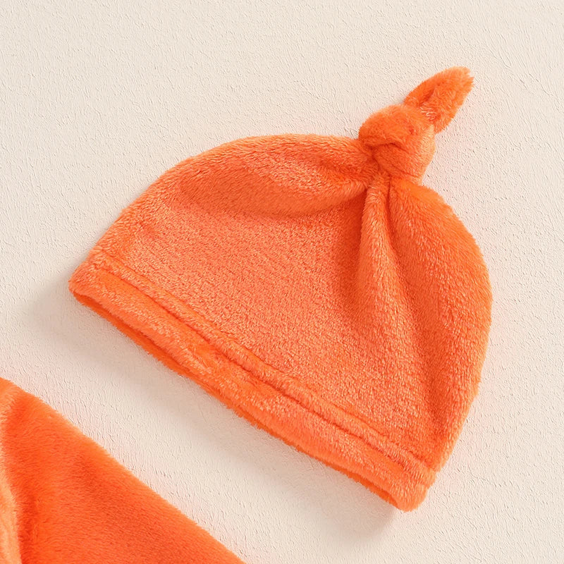 Toddler Boys Spooky Halloween Costume Set with Pumpkin Print Romper Long Sleeve Crew Neck Jumpsuit and Matching Hat