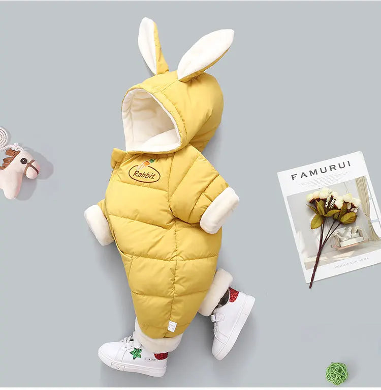 Winter New Baby Rompers Boys Girls Patchwork Thick Plus Velvet Jumpsuits Windproof Hooded Overalls Snowsuit One Piece Bodysuit