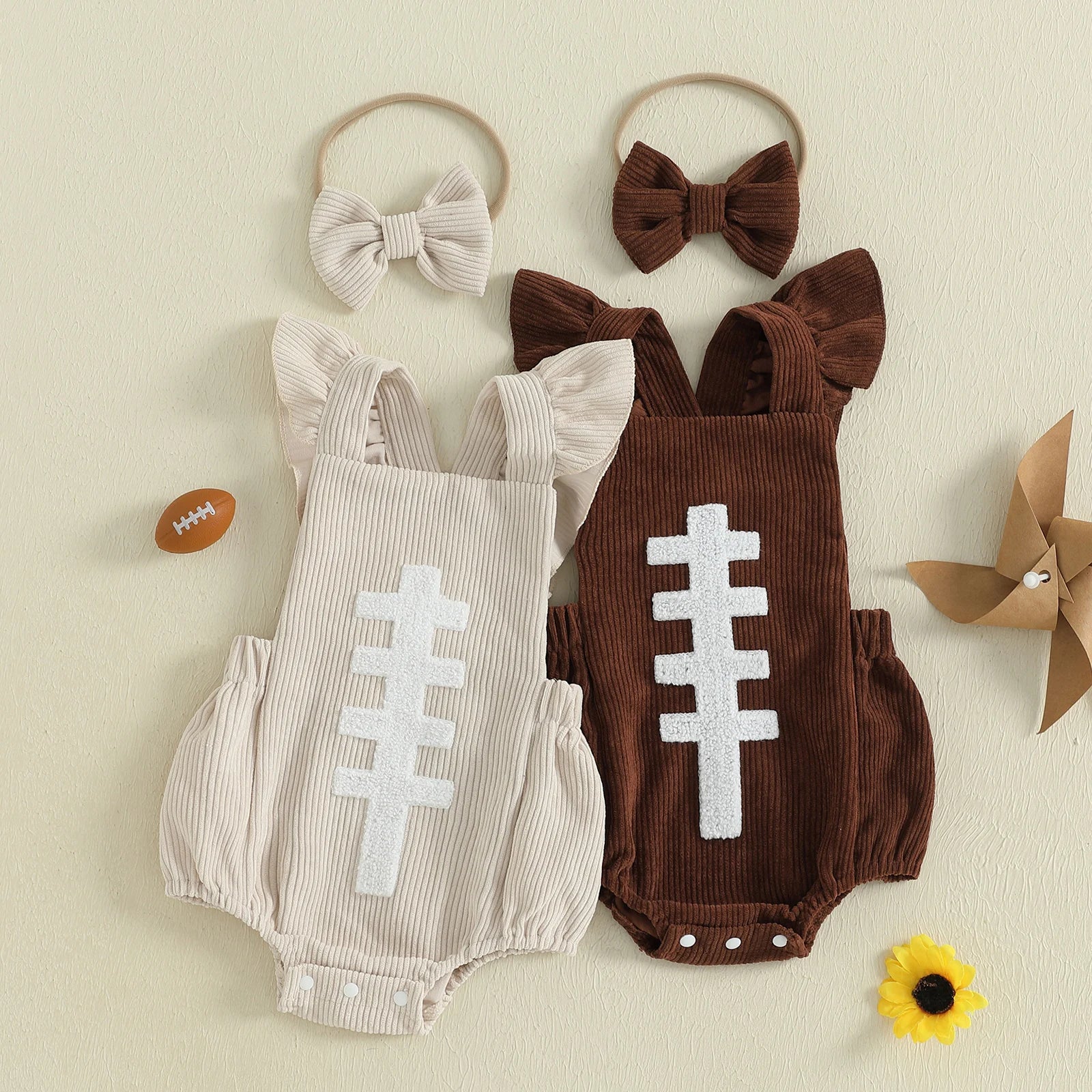Baby Girl Fall Outfits Ruffle Sleeveless Football Embroidery Romper with Headband Set Newborn Clothes