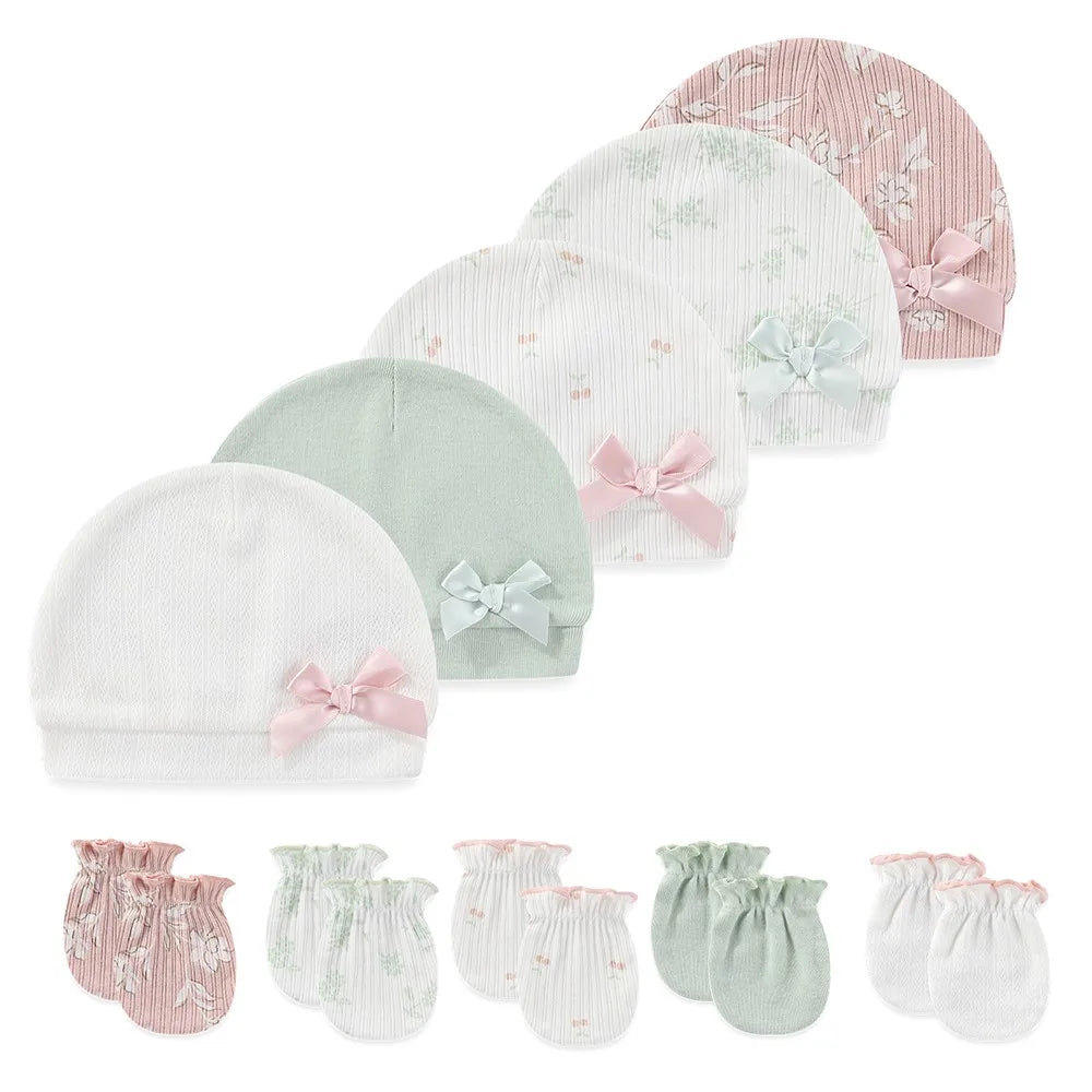 Fashion Cute 10-Pair Baby Caps+Mittens Set Newborn Boy Girl Hats Not Scratch Gloves Four Seasons Infant Accessories