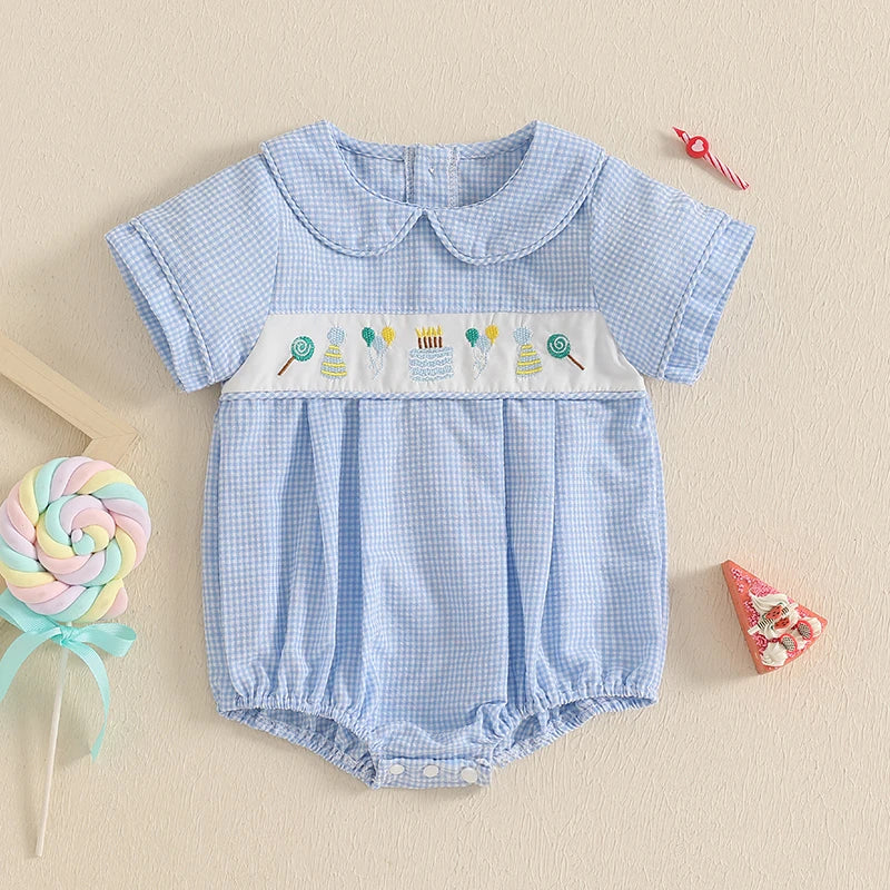 Summer Infant Baby Boys Girls Rompers Short Sleeve Doll Collar Cake Embroidery Smocked Bodysuit Playsuit