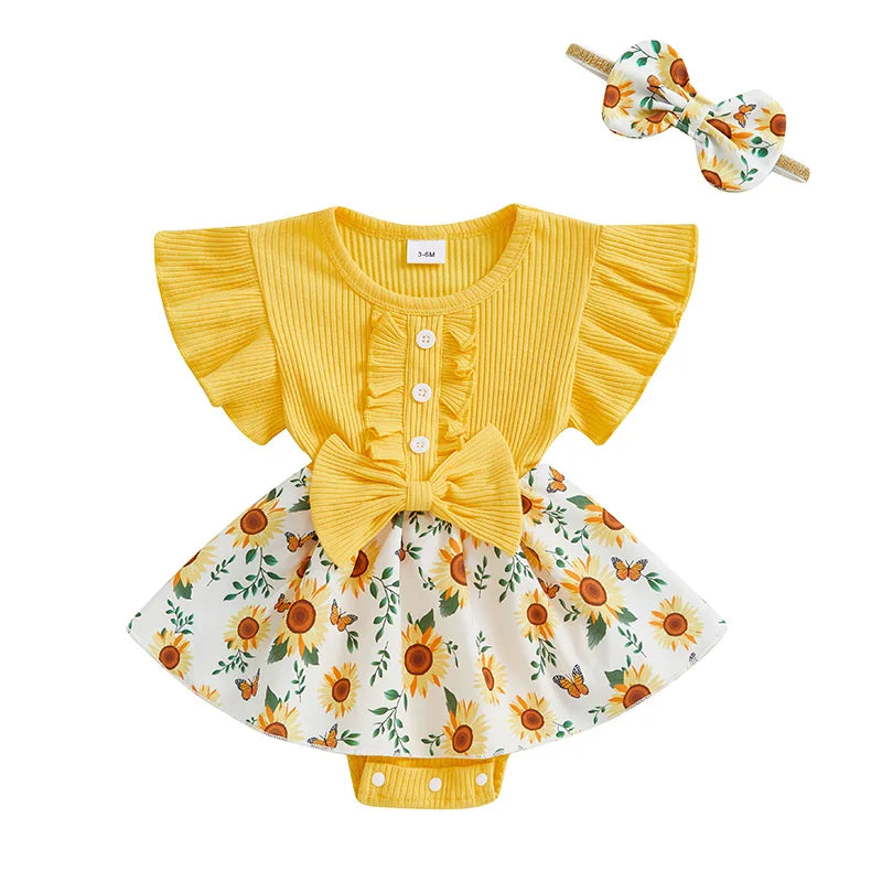 Infant Baby Girl Summer Outfit Sunflower Print Ruffled Flying Sleeve Crew Neck Romper Dress and Bow Headband 2 Pcs Set