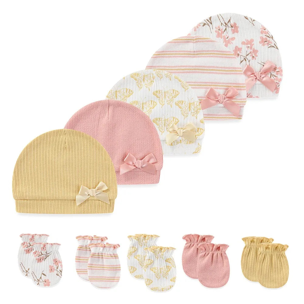Fashion Cute 10-Pair Baby Caps+Mittens Set Newborn Boy Girl Hats Not Scratch Gloves Four Seasons Infant Accessories