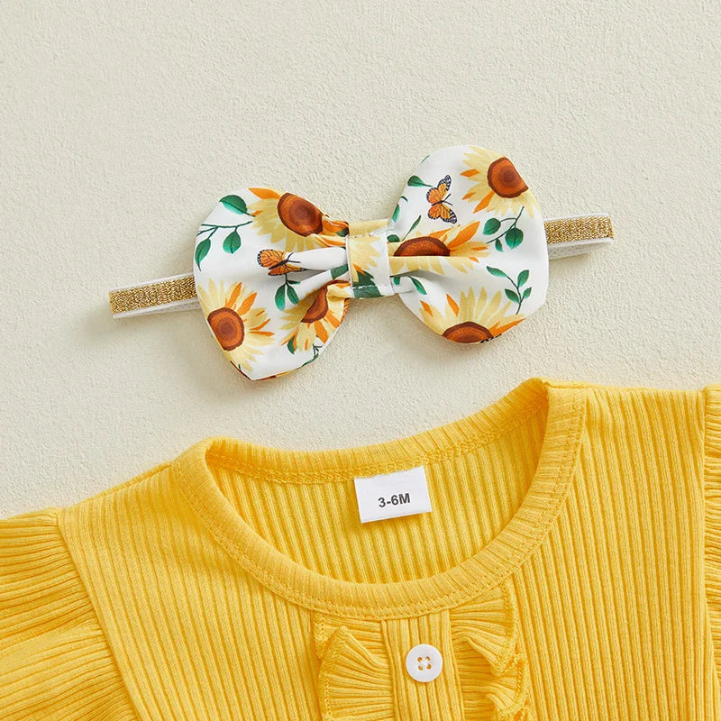 Infant Baby Girl Summer Outfit Sunflower Print Ruffled Flying Sleeve Crew Neck Romper Dress and Bow Headband 2 Pcs Set