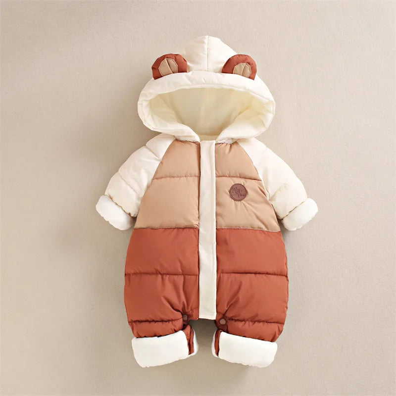 Winter New Baby Rompers Boys Girls Patchwork Thick Plus Velvet Jumpsuits Windproof Hooded Overalls Snowsuit One Piece Bodysuit