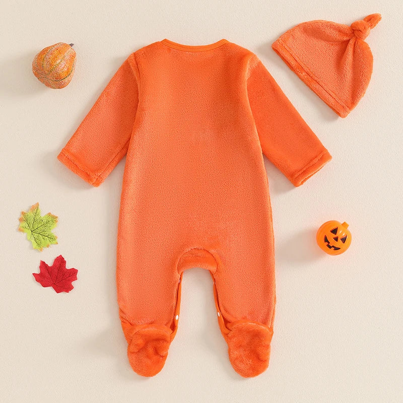 Toddler Boys Spooky Halloween Costume Set with Pumpkin Print Romper Long Sleeve Crew Neck Jumpsuit and Matching Hat