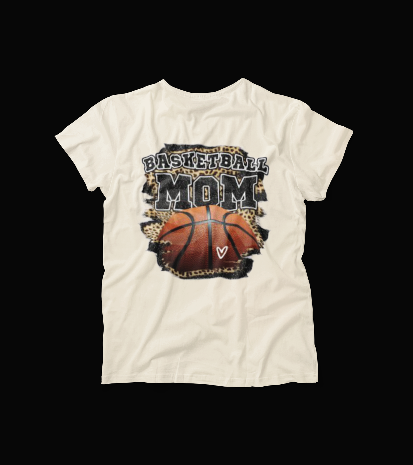 Basketball Mom T-Shirt โ Leopard Print & Heart Ball Graphic Tee โ Sports Fan Game Day Shirt for Moms โ Cream Athletic Parent Top