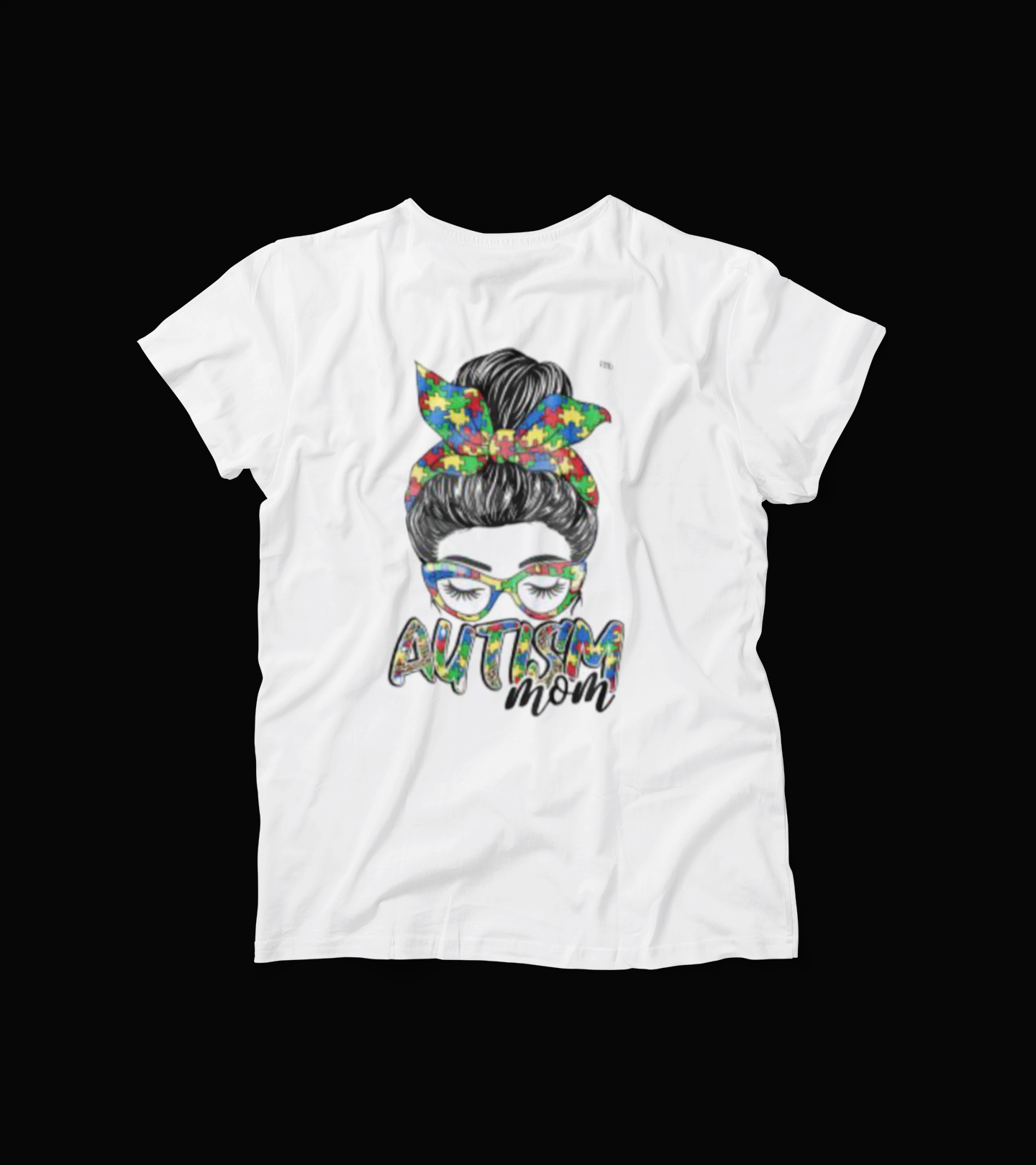Autism Mom T-Shirt – Messy Bun Puzzle Print Graphic Tee – Proud Support Awareness Shirt for Moms – Autism Spectrum Love Top