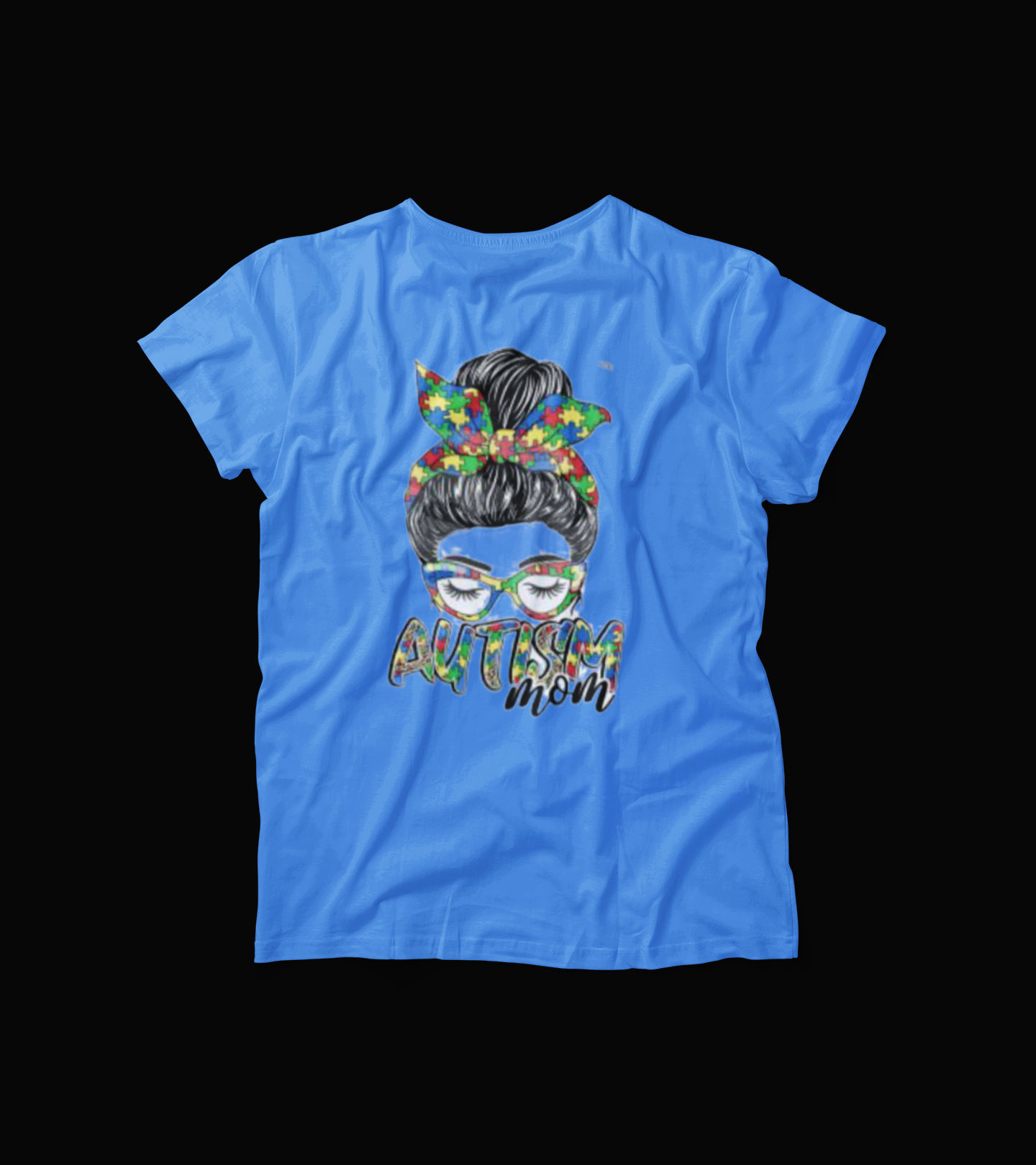 Autism Mom T-Shirt – Messy Bun Puzzle Print Graphic Tee – Proud Support Awareness Shirt for Moms – Autism Spectrum Love Top