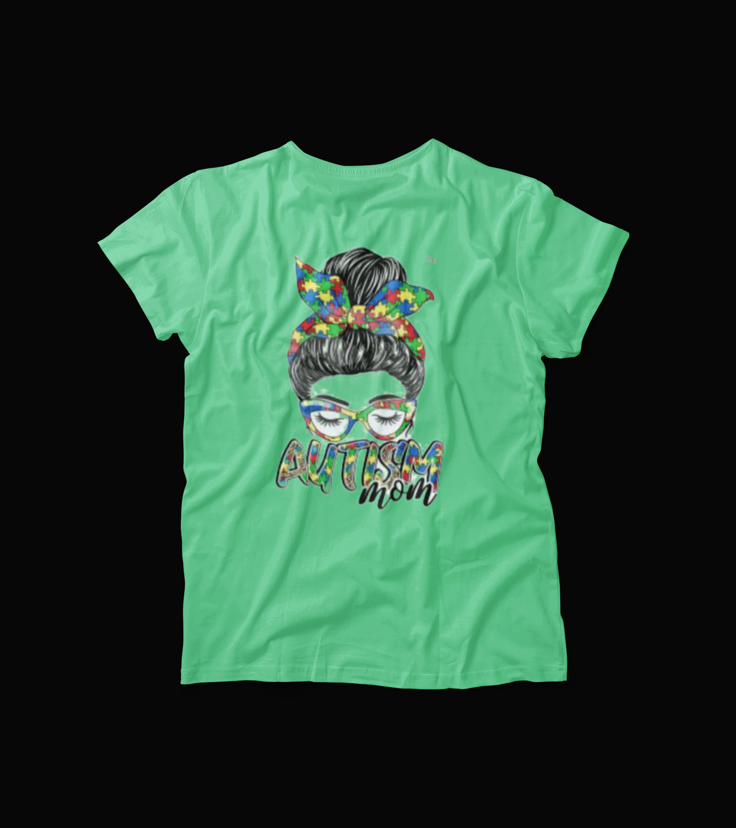 Autism Mom T-Shirt – Messy Bun Puzzle Print Graphic Tee – Proud Support Awareness Shirt for Moms – Autism Spectrum Love Top