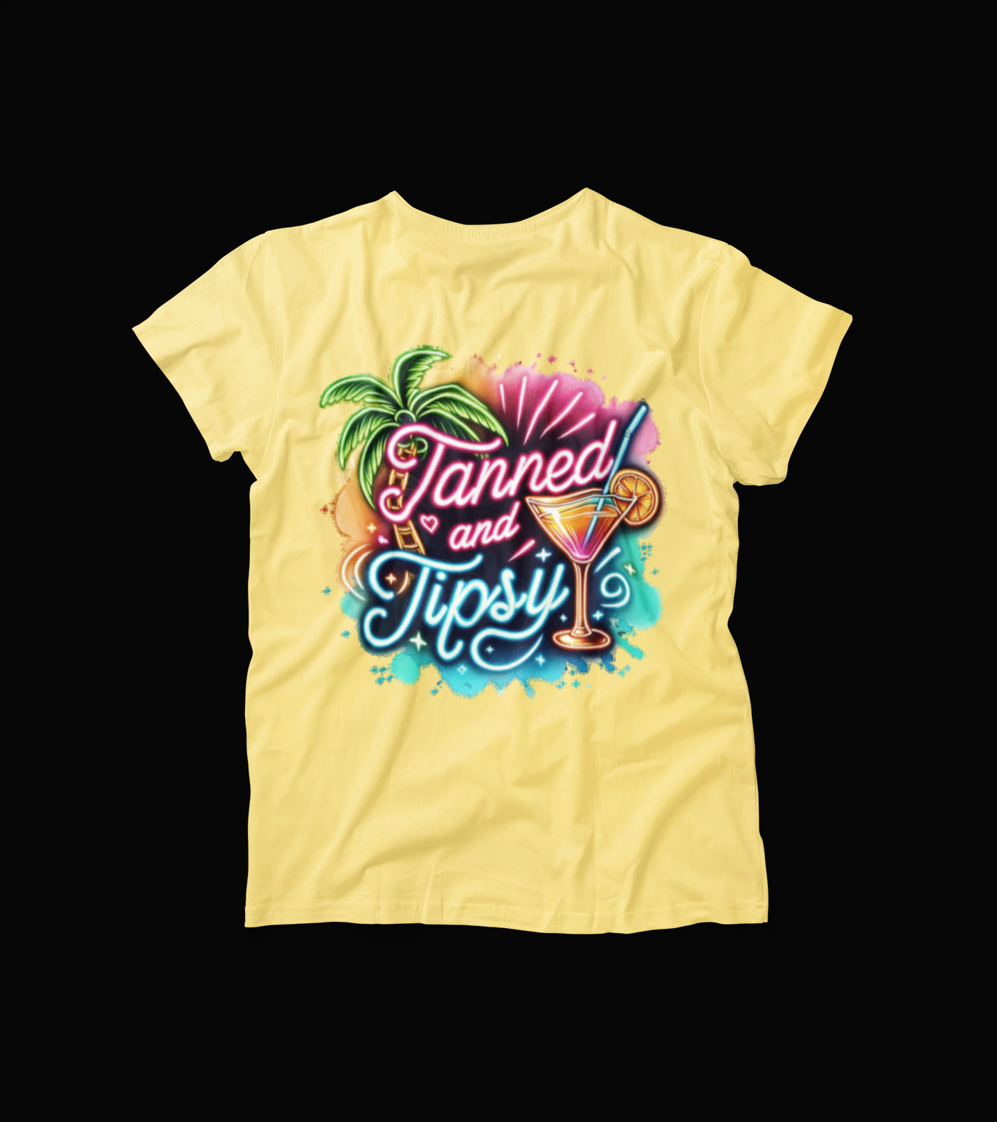 Tanned and Tipsy T-Shirt โ Neon Cocktail Graphic Tee โ Beach Party Vacation Shirt for Women โ Palm Tree Summer Drunk Top