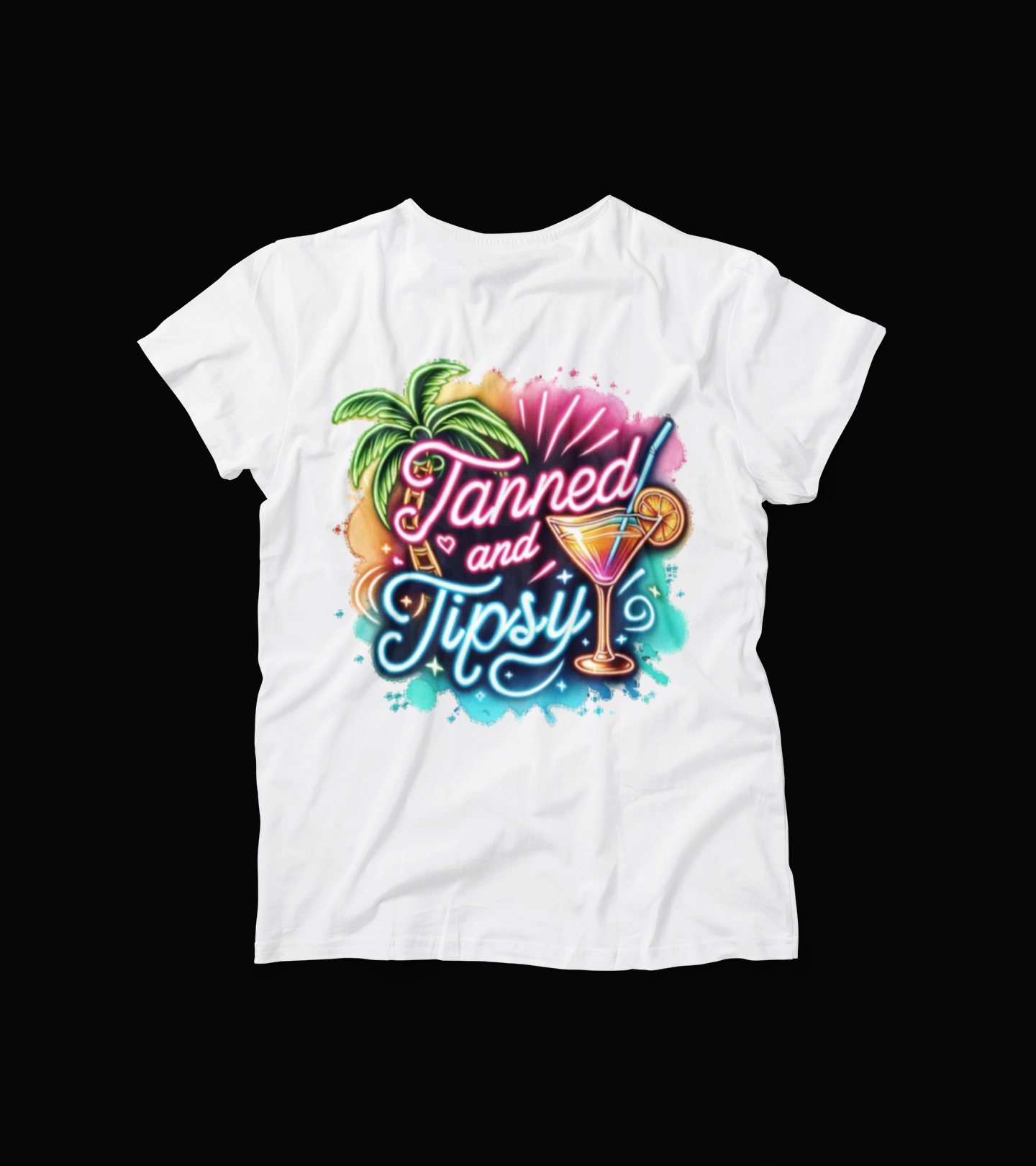 Tanned and Tipsy T-Shirt โ Neon Cocktail Graphic Tee โ Beach Party Vacation Shirt for Women โ Palm Tree Summer Drunk Top