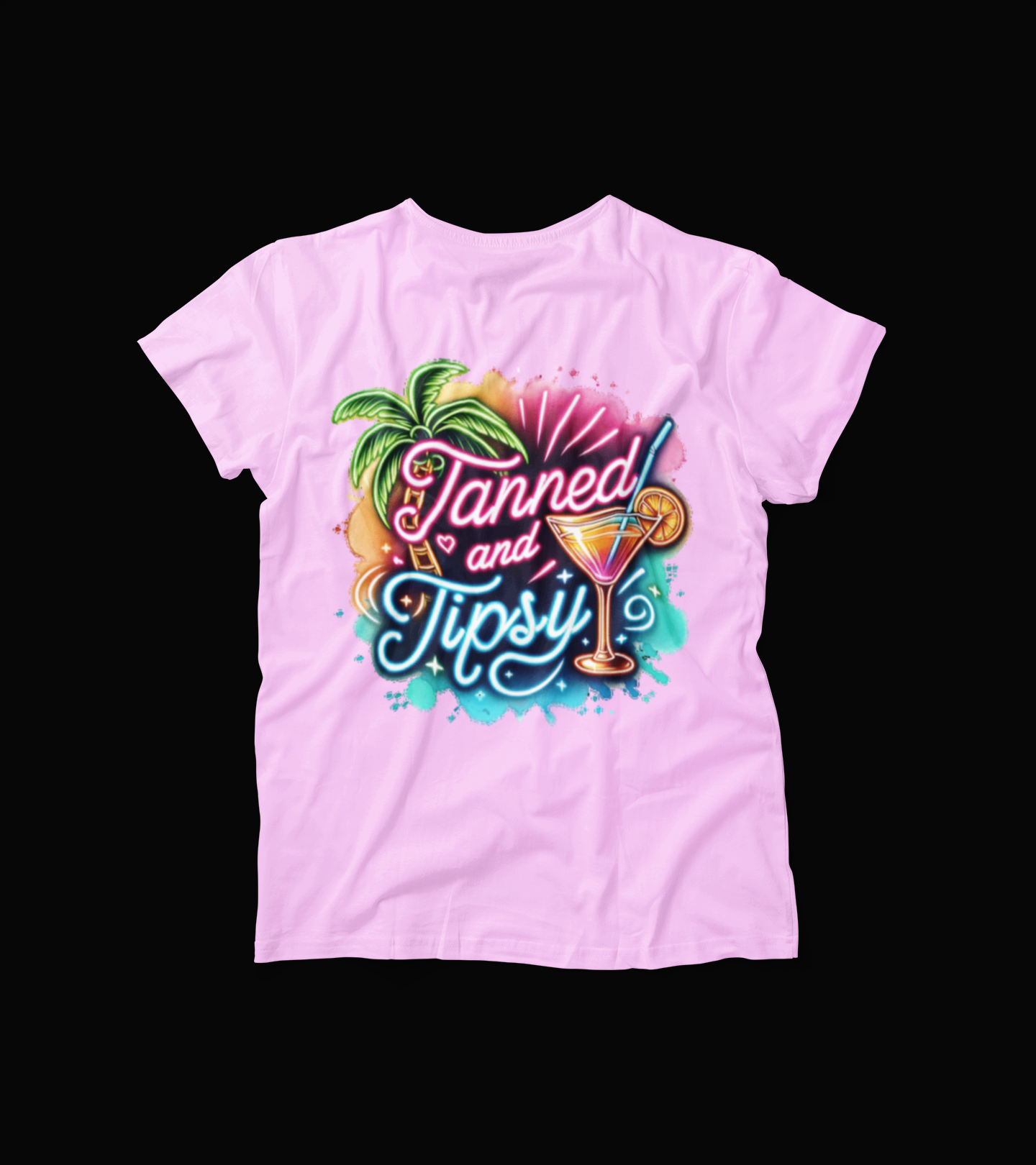Tanned and Tipsy T-Shirt โ Neon Cocktail Graphic Tee โ Beach Party Vacation Shirt for Women โ Palm Tree Summer Drunk Top