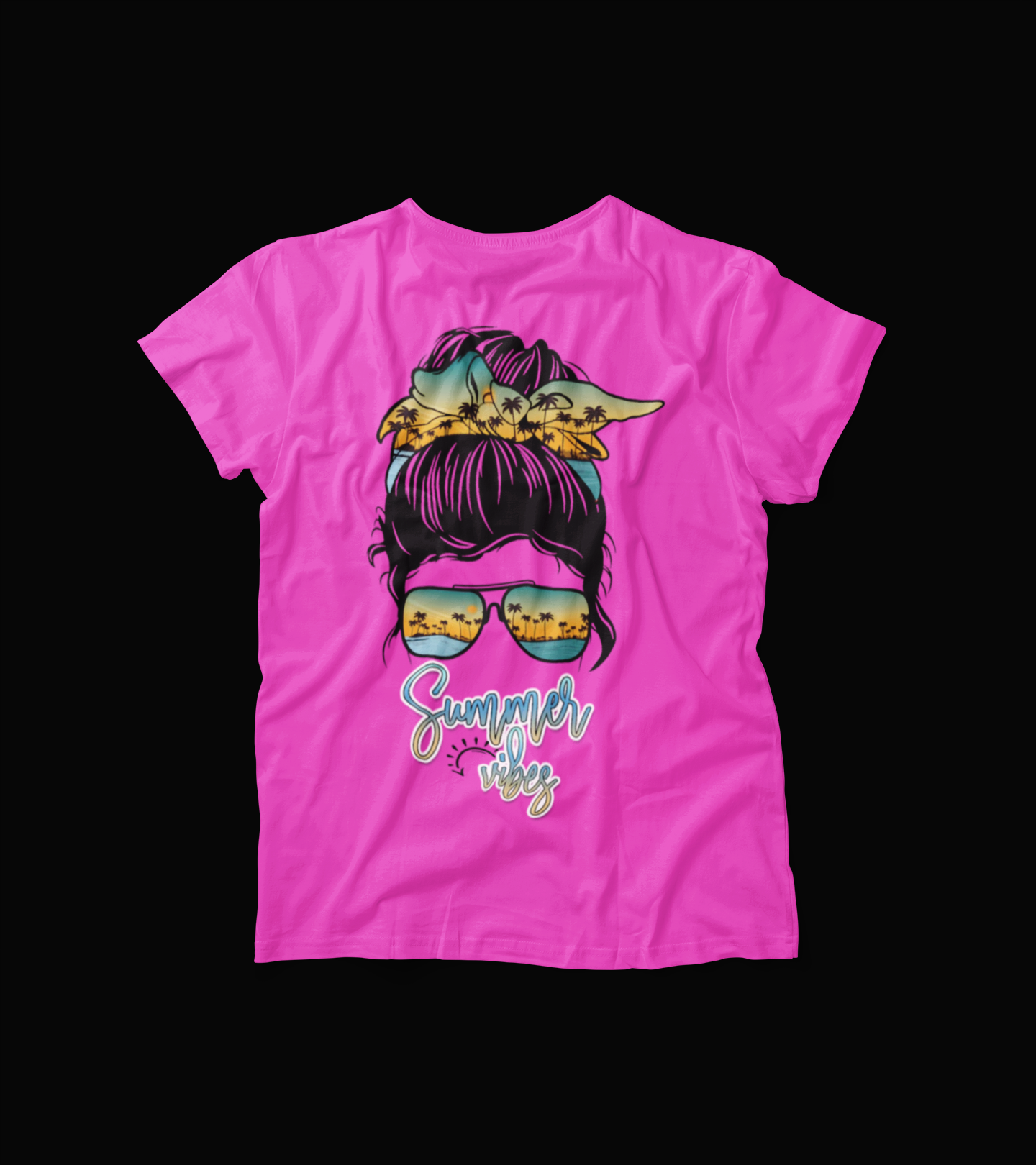 Summer Vibes T-Shirt – Messy Bun Graphic Tee with Sunglasses – Beach Palm Tree Vacation Shirt for Women