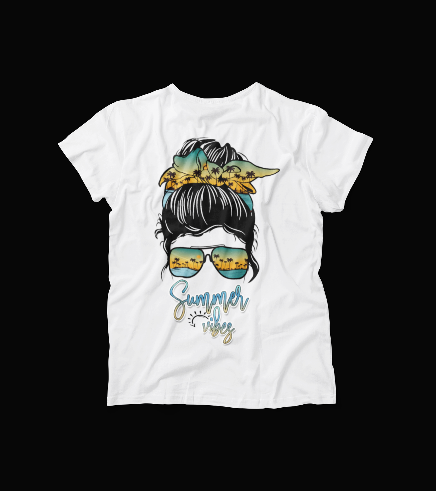 Summer Vibes T-Shirt – Messy Bun Graphic Tee with Sunglasses – Beach Palm Tree Vacation Shirt for Women