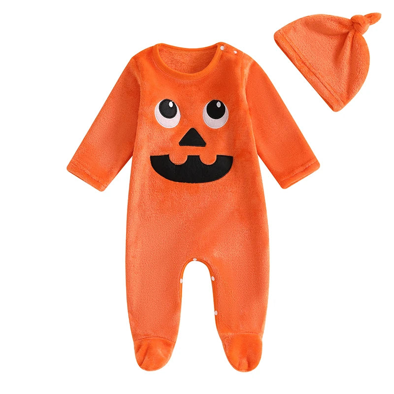 Toddler Boys Spooky Halloween Costume Set with Pumpkin Print Romper Long Sleeve Crew Neck Jumpsuit and Matching Hat