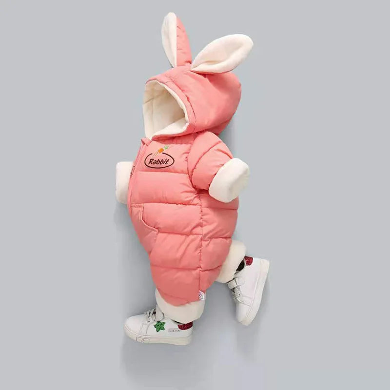 Winter New Baby Rompers Boys Girls Patchwork Thick Plus Velvet Jumpsuits Windproof Hooded Overalls Snowsuit One Piece Bodysuit