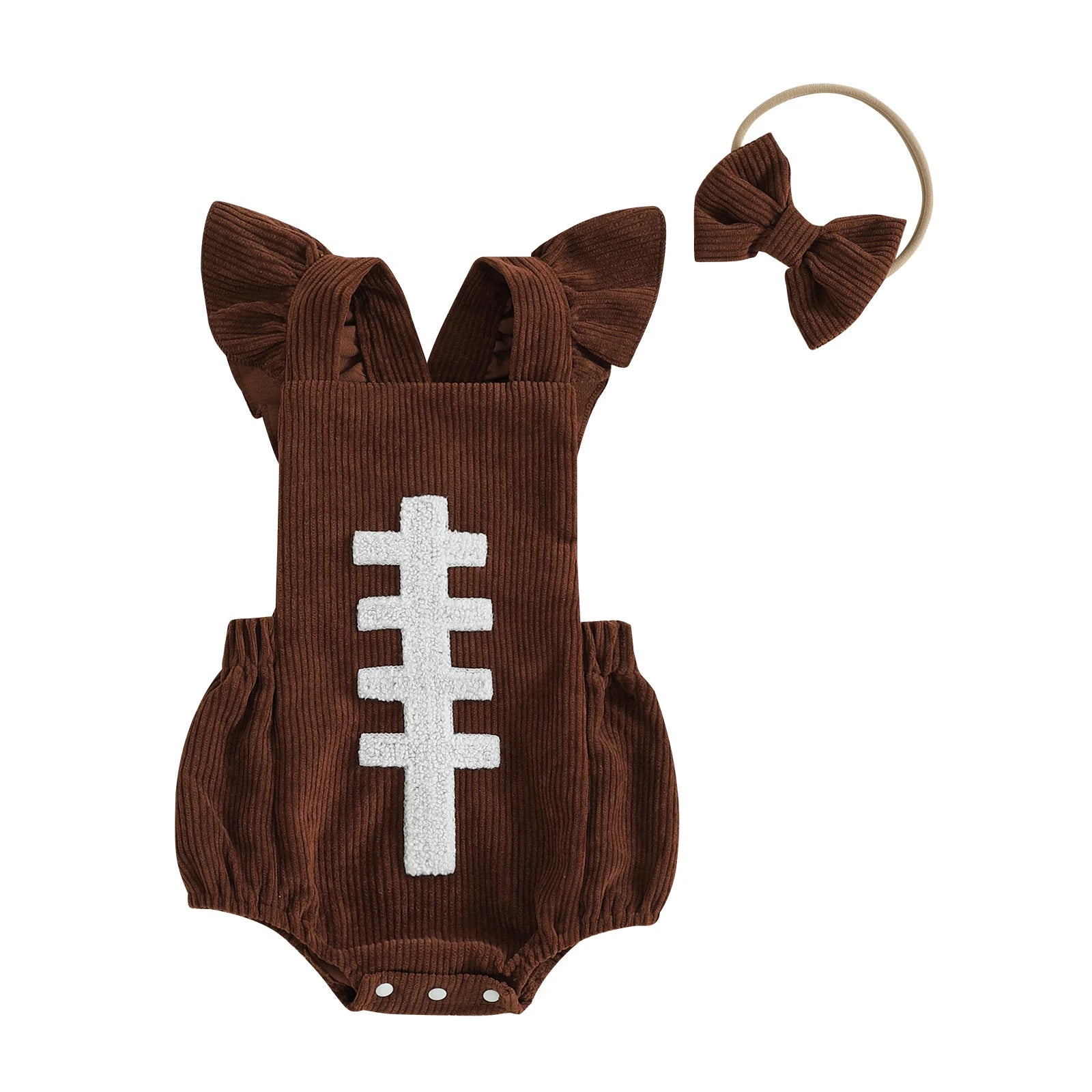 Baby Girl Fall Outfits Ruffle Sleeveless Football Embroidery Romper with Headband Set Newborn Clothes