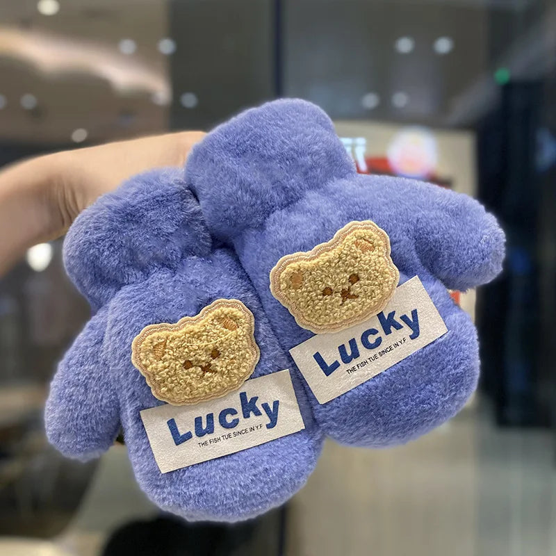 Warm Plush Thick Baby Gloves Winter Plus Coral Fleece Full Finger Gloves Warm Cartoon Gloves for Boys Girls 2-8Y