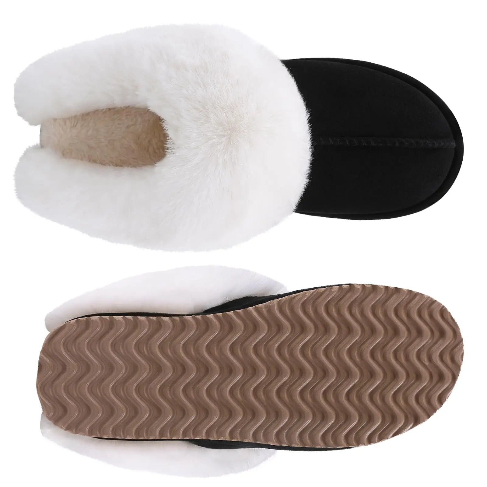 Shevalues Winter Fur Collar Slippers Women's Plush Furry Slippers Cotton Flat Memory Foam.
