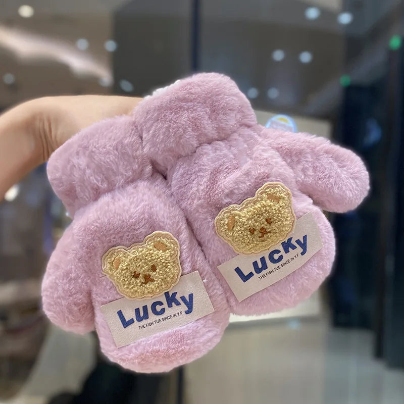 Warm Plush Thick Baby Gloves Winter Plus Coral Fleece Full Finger Gloves Warm Cartoon Gloves for Boys Girls 2-8Y