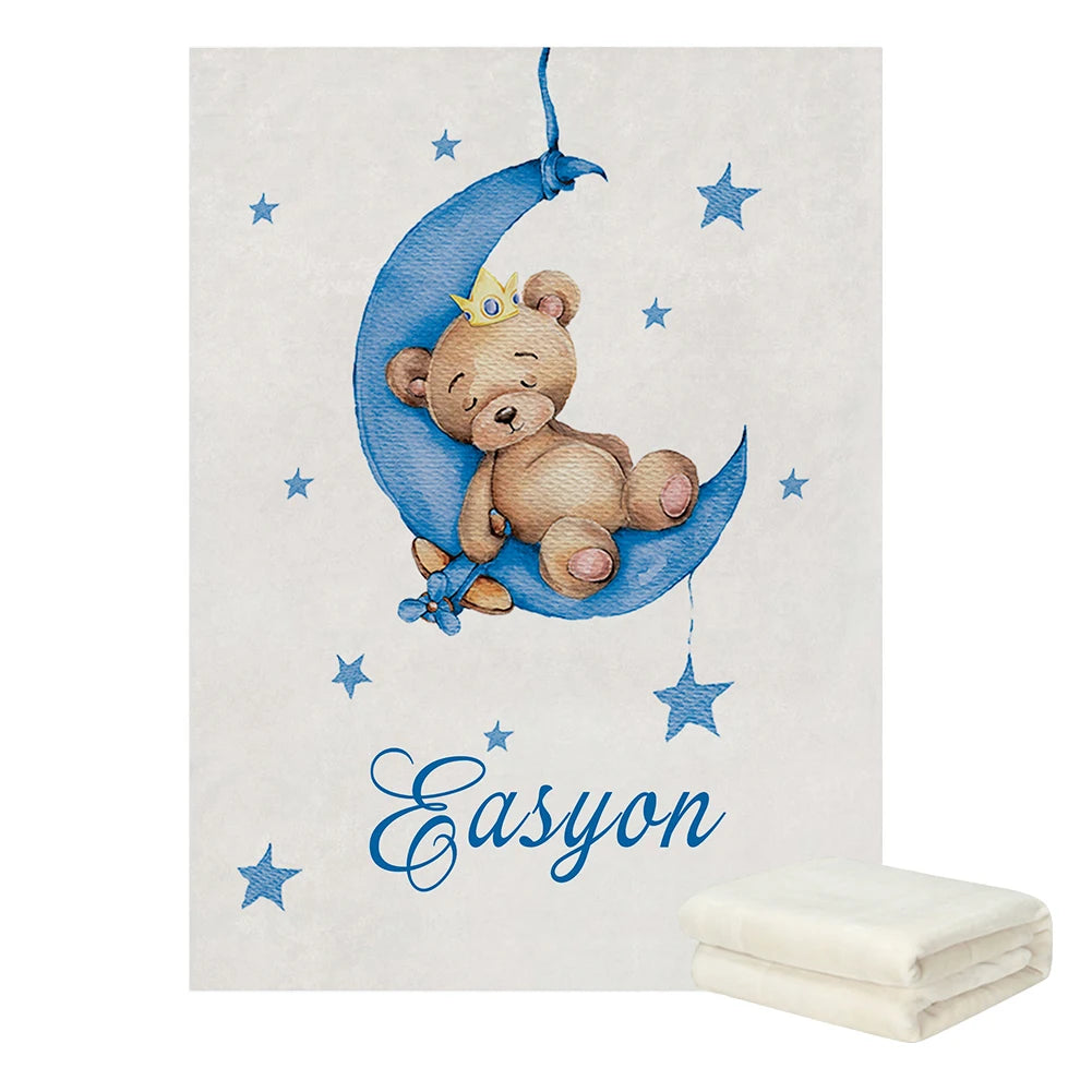 LVYZIHO Custom Name Sleeping Bear Blue Crib Bedding Set, Sleeping Bear Sleep on Moon Bedding Set, Baby Shower Gift Bedding Set