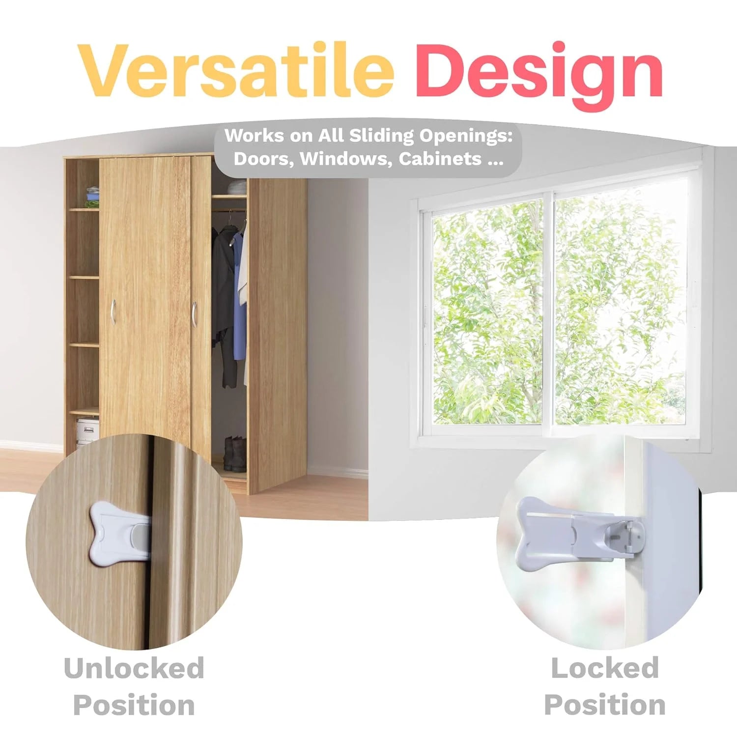 Inaya Sliding Door Lock for Child  (4-Pack) - Child  Locks for Sliding Glass Doors, Windows, Closets & Cabinets.  Locks for All