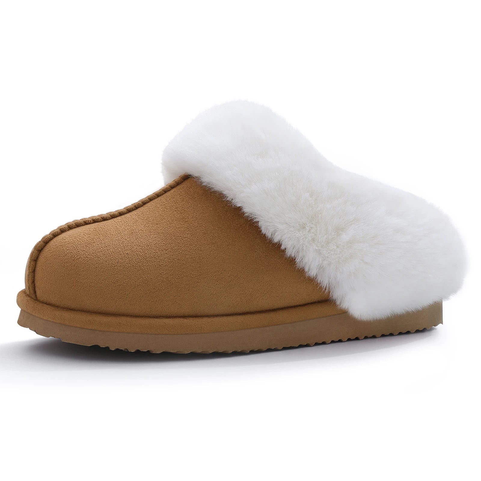 Shevalues Winter Fur Collar Slippers Women's Plush Furry Slippers Cotton Flat Memory Foam.