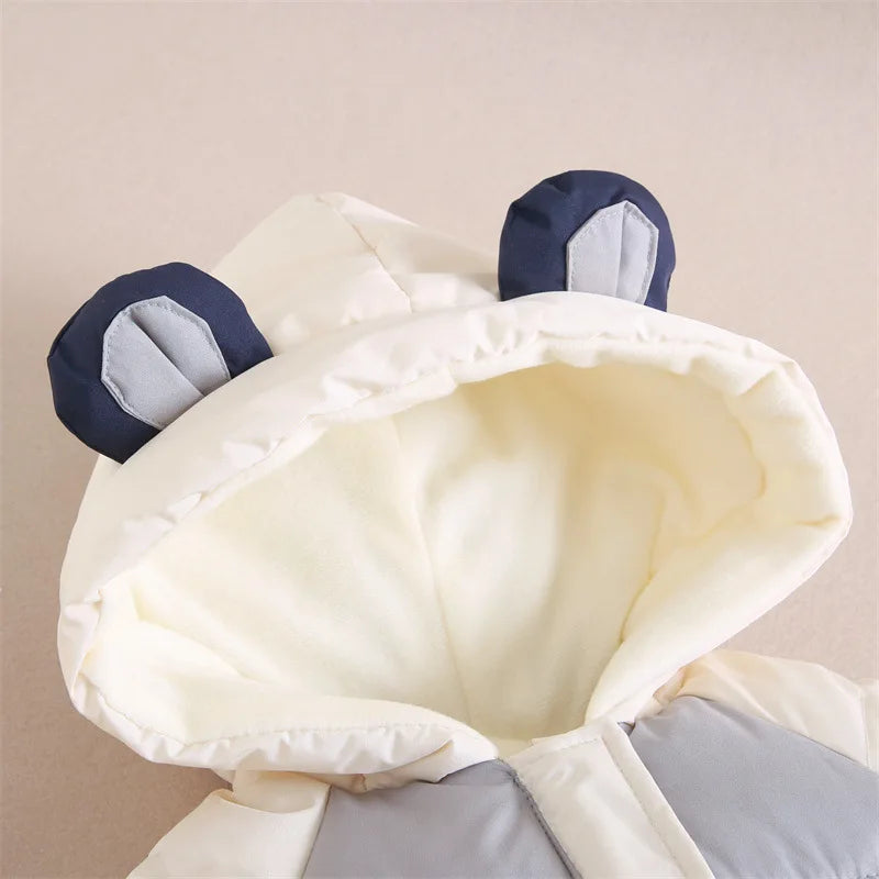 Winter New Baby Rompers Boys Girls Patchwork Thick Plus Velvet Jumpsuits Windproof Hooded Overalls Snowsuit One Piece Bodysuit