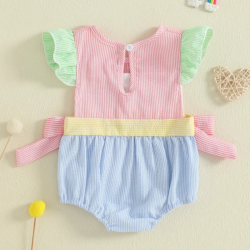 Infant Baby Girls Romper Fly Sleeve Crew Neck Striped Bows Embroidery Letters Infant Bodysuit Summer Clothes for Casual Daily