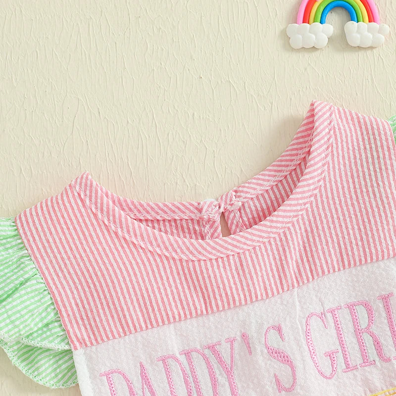 Infant Baby Girls Romper Fly Sleeve Crew Neck Striped Bows Embroidery Letters Infant Bodysuit Summer Clothes for Casual Daily